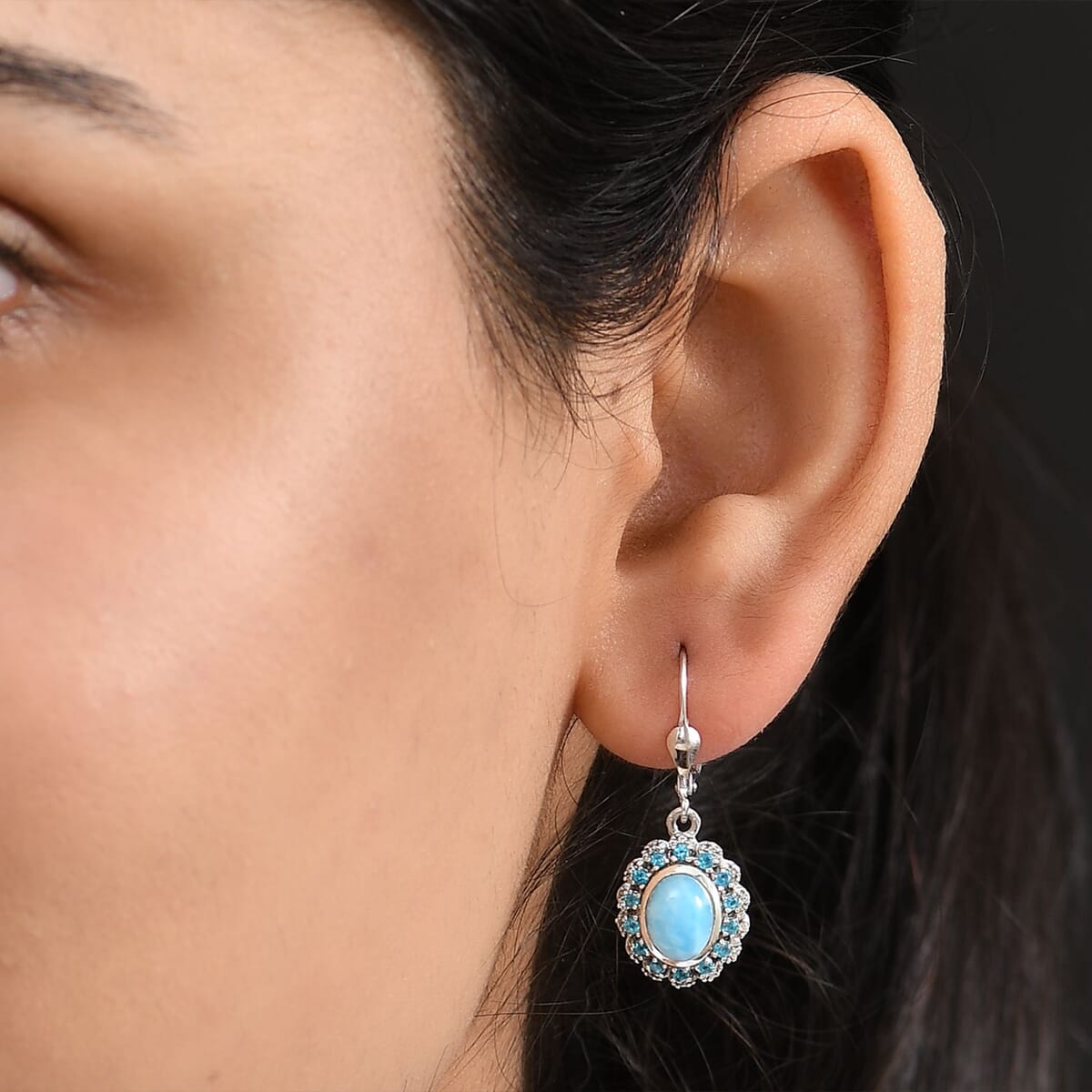 D’Joy Larimar and Multi Gemstone 3.40 ctw Ocean's Halo Earrings in Rhodium Over Sterling Silver image number 2