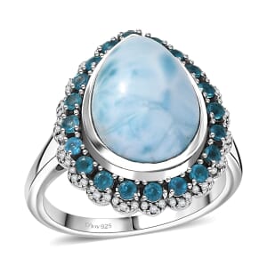 D’Joy Larimar and Multi Gemstone 6.90 ctw Ocean's Halo Ring in Rhodium Over Sterling Silver (Size 10.0)