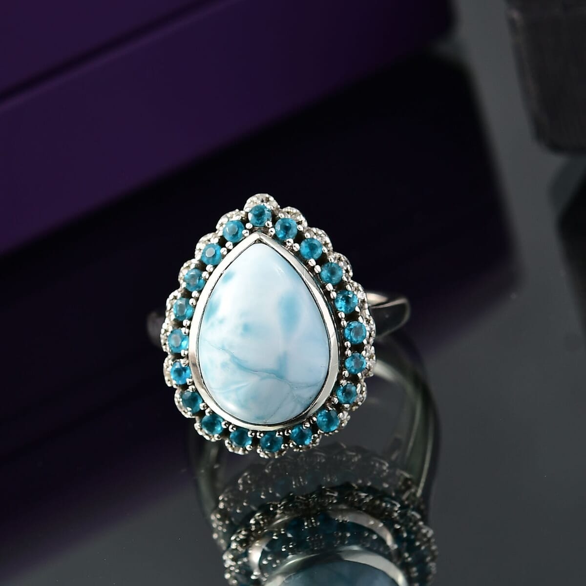 D’Joy Larimar and Multi Gemstone 6.90 ctw Ocean's Halo Ring in Rhodium Over Sterling Silver (Size 10.0) image number 1