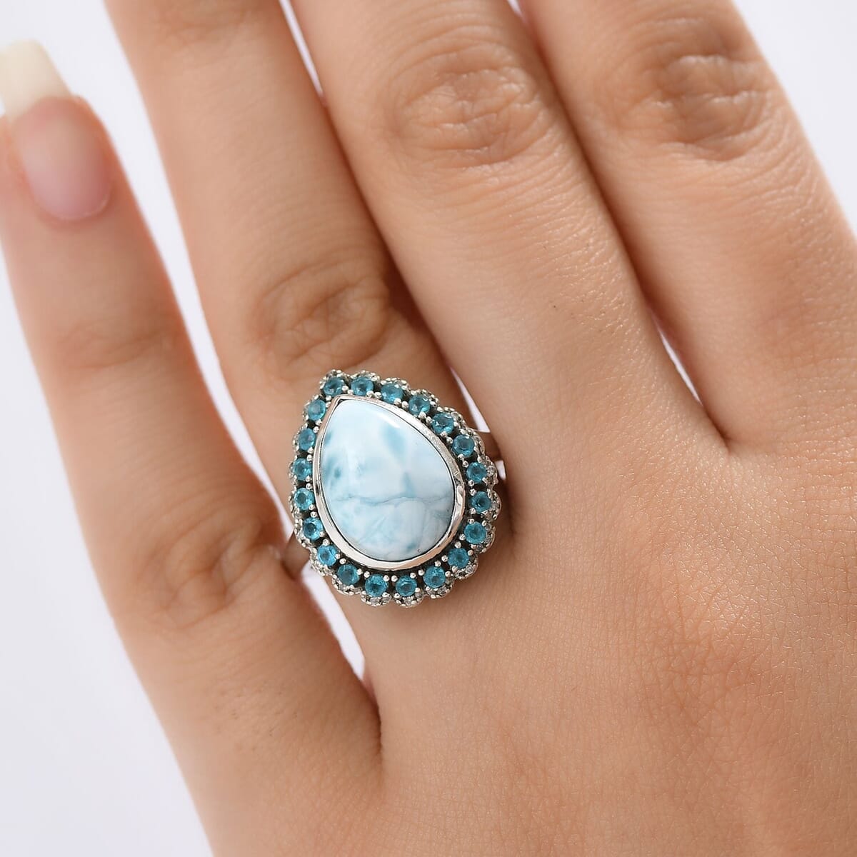 D’Joy Larimar and Multi Gemstone 6.90 ctw Ocean's Halo Ring in Rhodium Over Sterling Silver (Size 10.0) image number 2