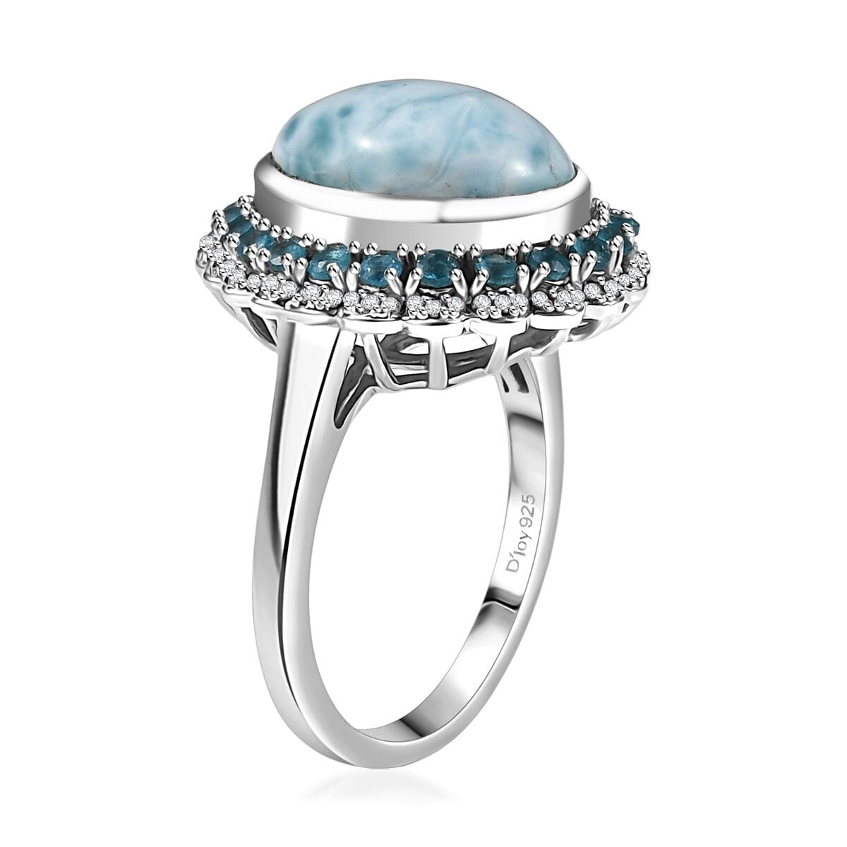 D’Joy Larimar and Multi Gemstone 6.90 ctw Ocean's Halo Ring in Rhodium Over Sterling Silver (Size 10.0) image number 3