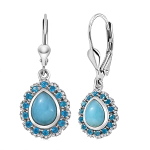 D’Joy Larimar and Multi Gemstone 3.85 ctw Ocean's Halo Earrings in Rhodium Over Sterling Silver