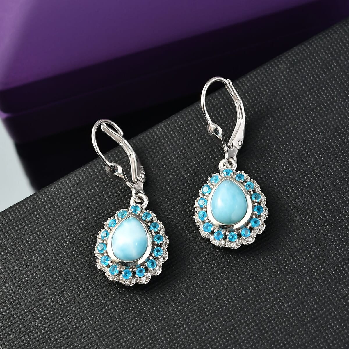 D’Joy Larimar and Multi Gemstone 3.85 ctw Ocean's Halo Earrings in Rhodium Over Sterling Silver image number 1