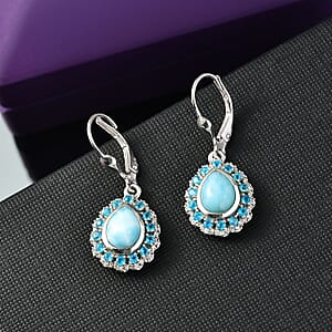D'Joy Larimar and Multi Gemstone 3.85 ctw Ocean's Halo Earrings in Rhodium Over Sterling Silver