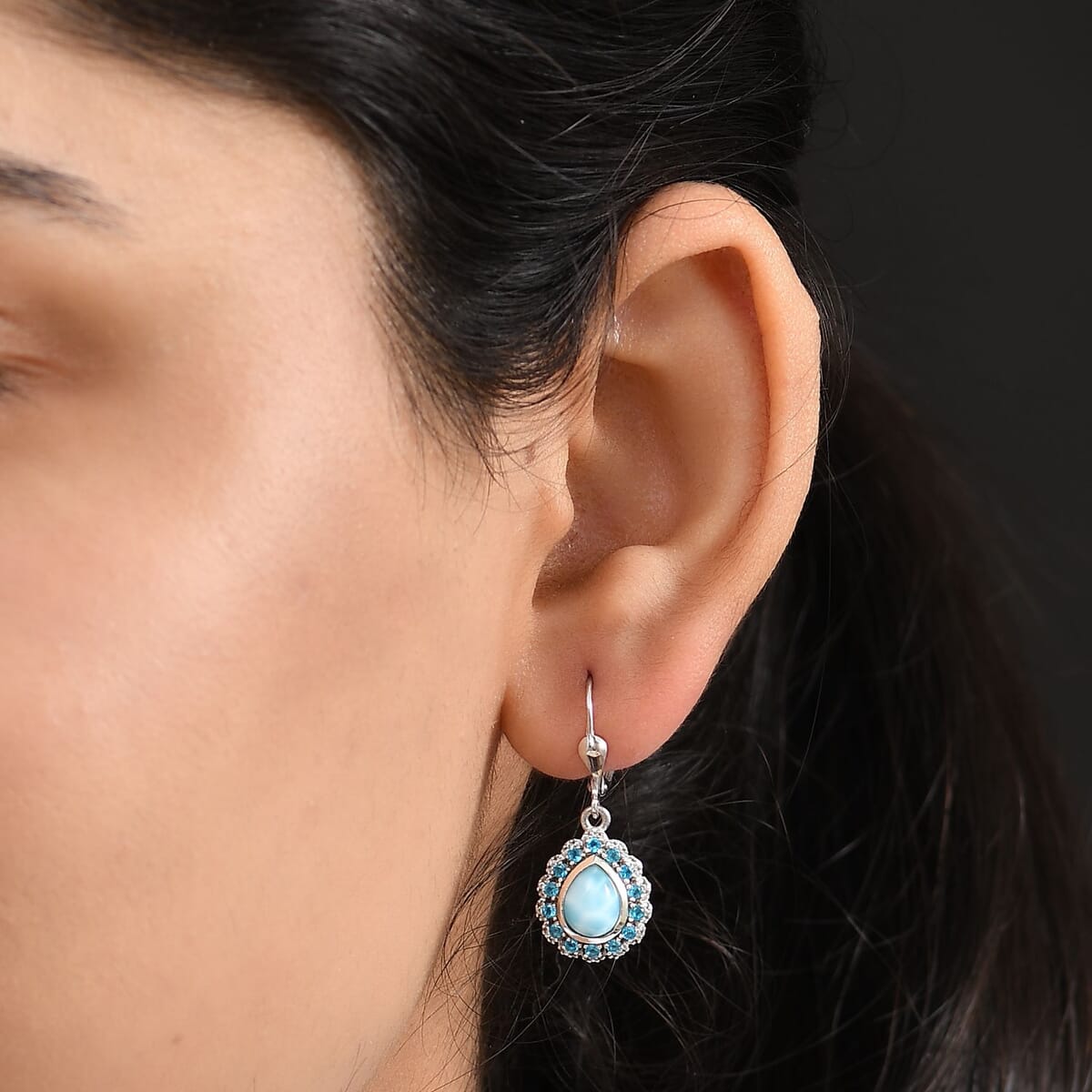 D’Joy Larimar and Multi Gemstone 3.85 ctw Ocean's Halo Earrings in Rhodium Over Sterling Silver image number 2