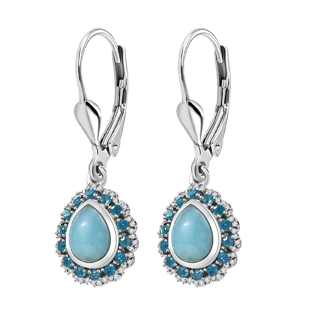 D’Joy Larimar and Multi Gemstone 3.85 ctw Ocean's Halo Earrings in Rhodium Over Sterling Silver image number 3