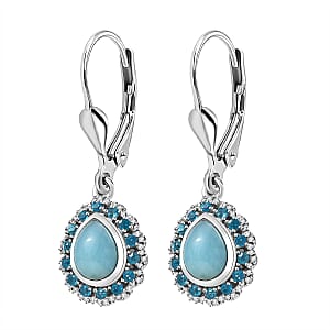 D'Joy Larimar and Multi Gemstone 3.85 ctw Ocean's Halo Earrings in Rhodium Over Sterling Silver