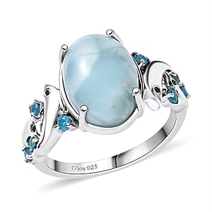 D'Joy Larimar and Multi Gemstone 7.35 ctw Ocean&rsquo;s Joy Whispering Ring in Rhodium Over Sterling Silver (Size 7.0)