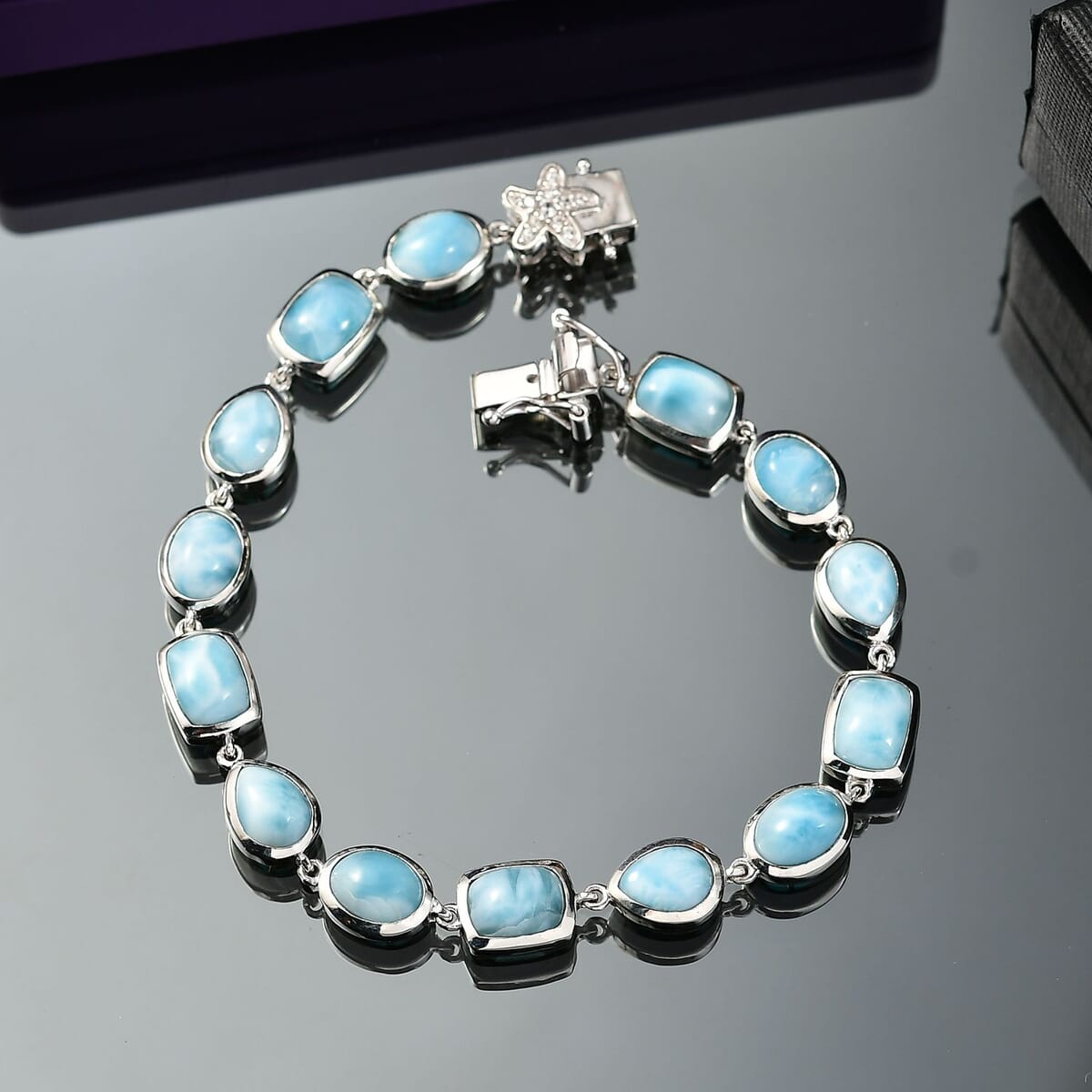 D’Joy Larimar and White Zircon 22.35 ctw Sea Star Embrace Bracelet in Rhodium Over Sterling Silver (7.25 In) image number 1