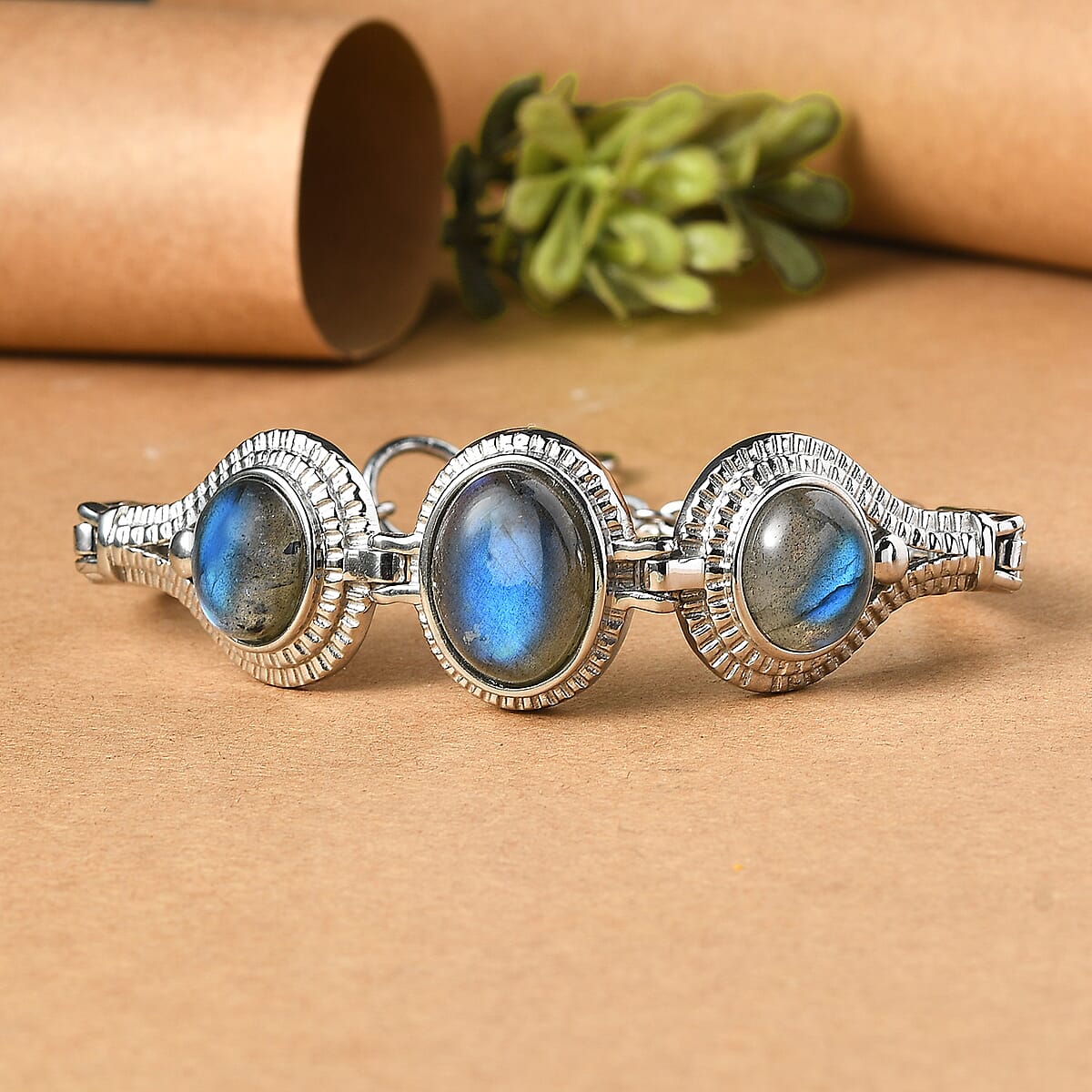 EverTrue Malagasy Labradorite 22.50 ctw Intricate Filigree Bracelet in Stainless Steel (6.50-8.0In) image number 1