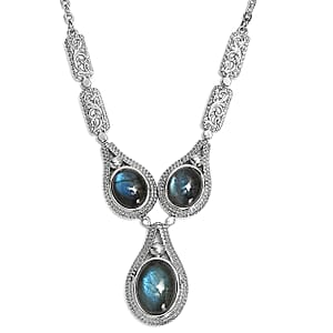 EverTrue Malagasy Labradorite 21.00 ctw Intricate Filigree Necklace 18 Inches in Stainless Steel