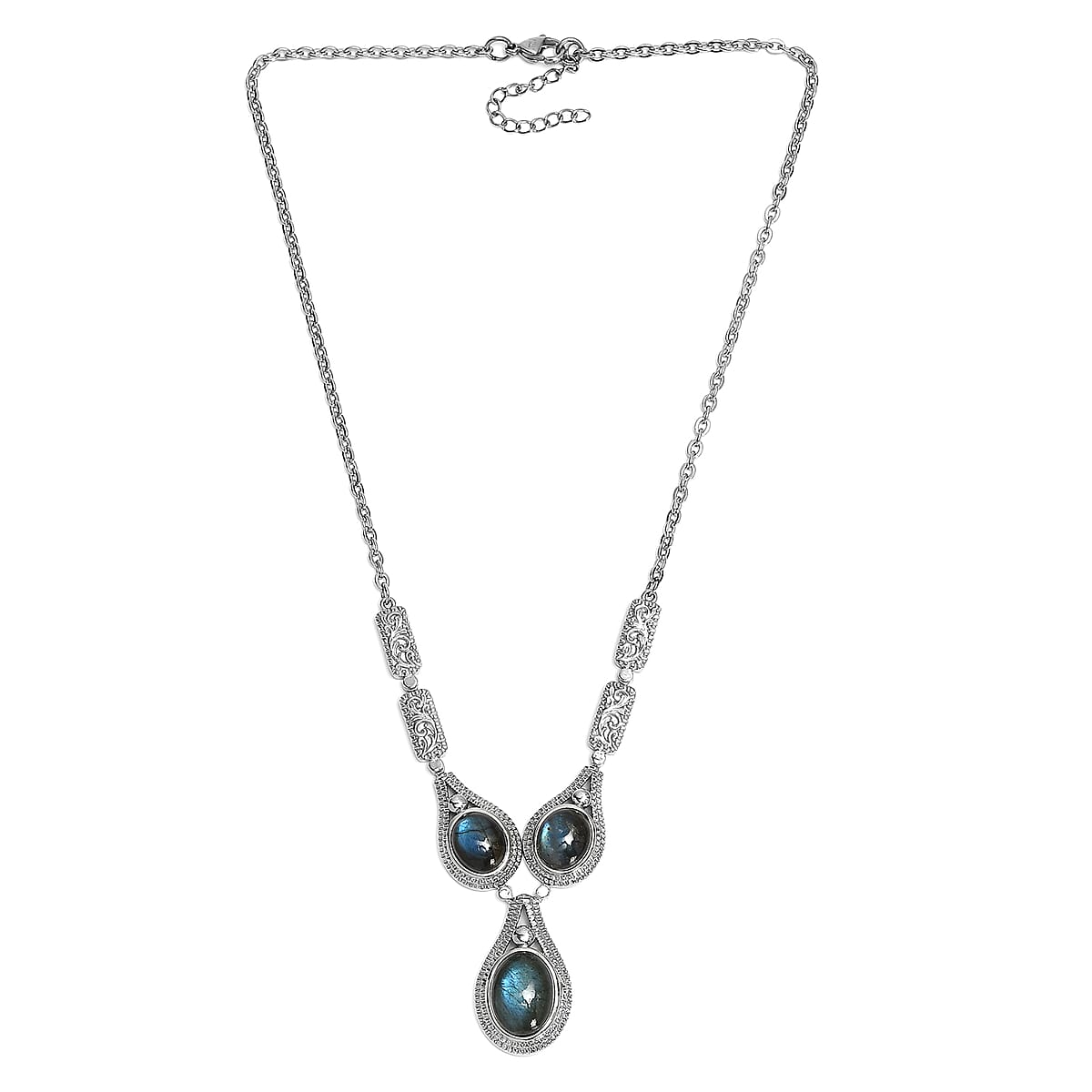 EverTrue Malagasy Labradorite 21.00 ctw Intricate Filigree Necklace 18 Inches in Stainless Steel image number 3