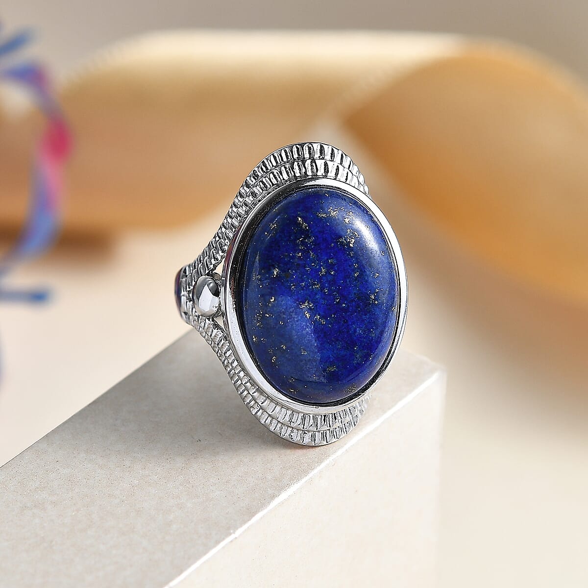 EverTrue Lapis Lazuli 16.80 ctw Intricate Filigree Ring in Stainless Steel (Size 7.0) image number 1