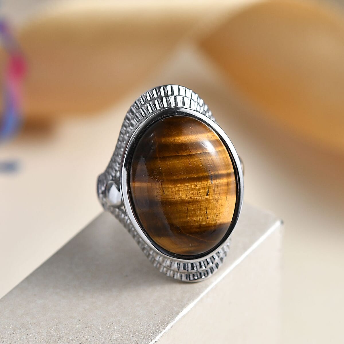 EverTrue Tigers Eye 17.15 ctw Intricate Filigree Ring in Stainless Steel (Size 7.0) image number 1