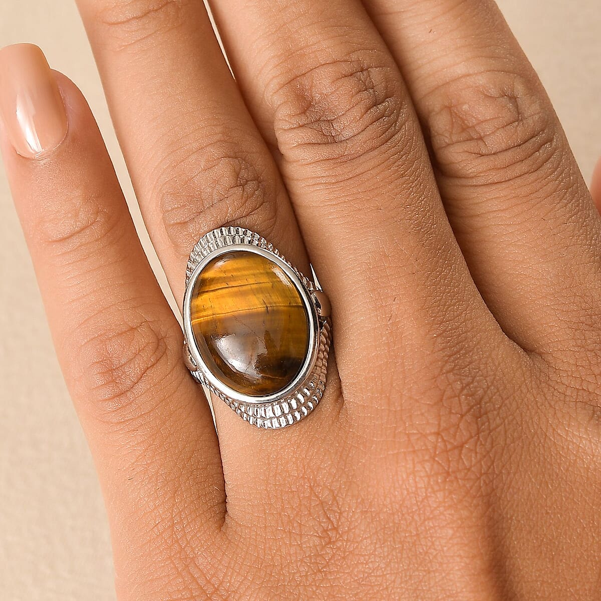 EverTrue Tigers Eye 17.15 ctw Intricate Filigree Ring in Stainless Steel (Size 7.0) image number 2
