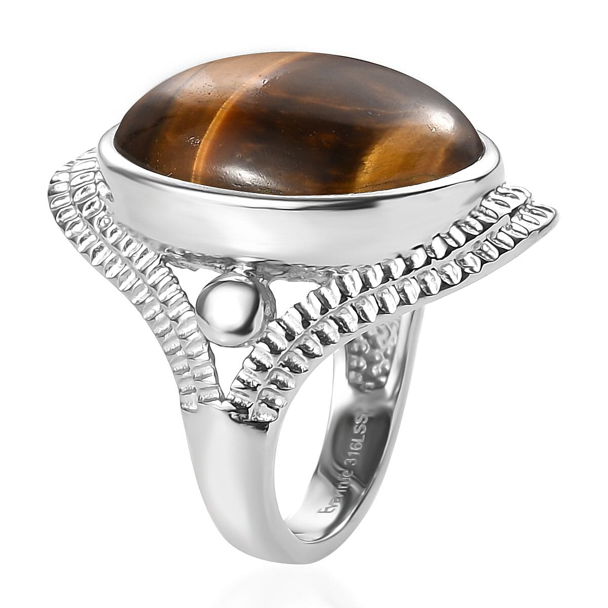 EverTrue Tigers Eye 17.15 ctw Intricate Filigree Ring in Stainless Steel (Size 7.0) image number 3