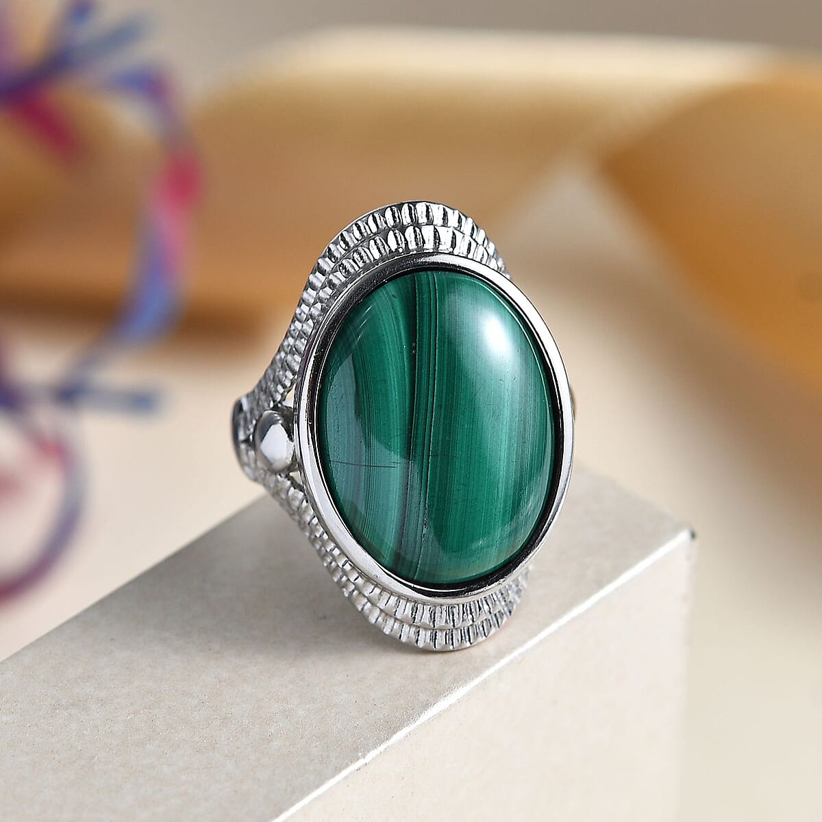 EverTrue African Malachite 18.50 ctw Intricate Filigree Ring in Stainless Steel (Size 7.0) image number 1