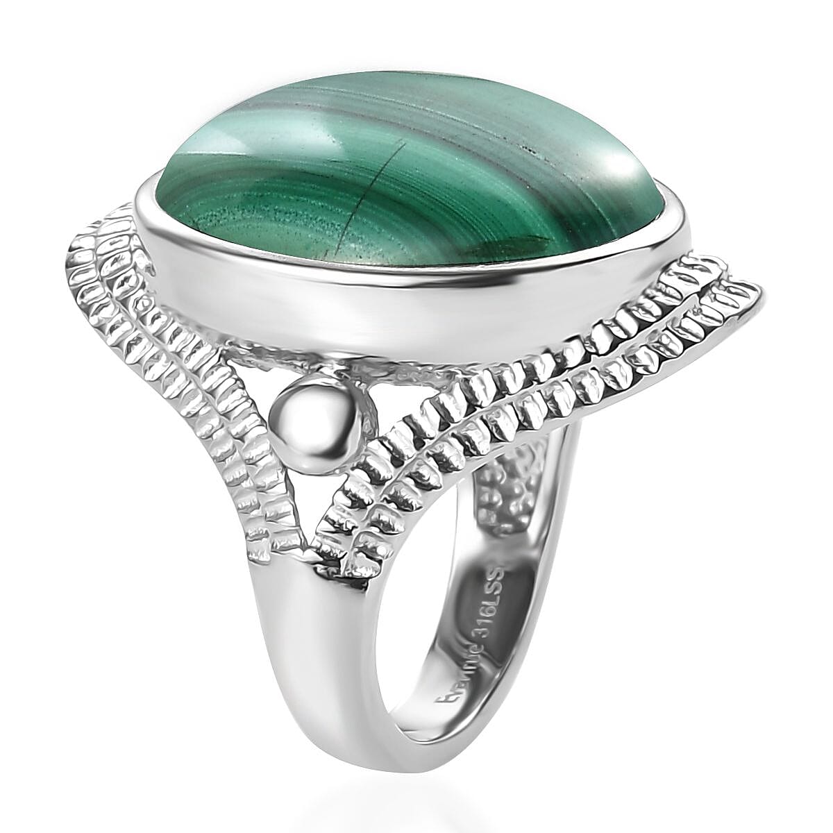 EverTrue African Malachite 18.50 ctw Intricate Filigree Ring in Stainless Steel (Size 7.0) image number 3