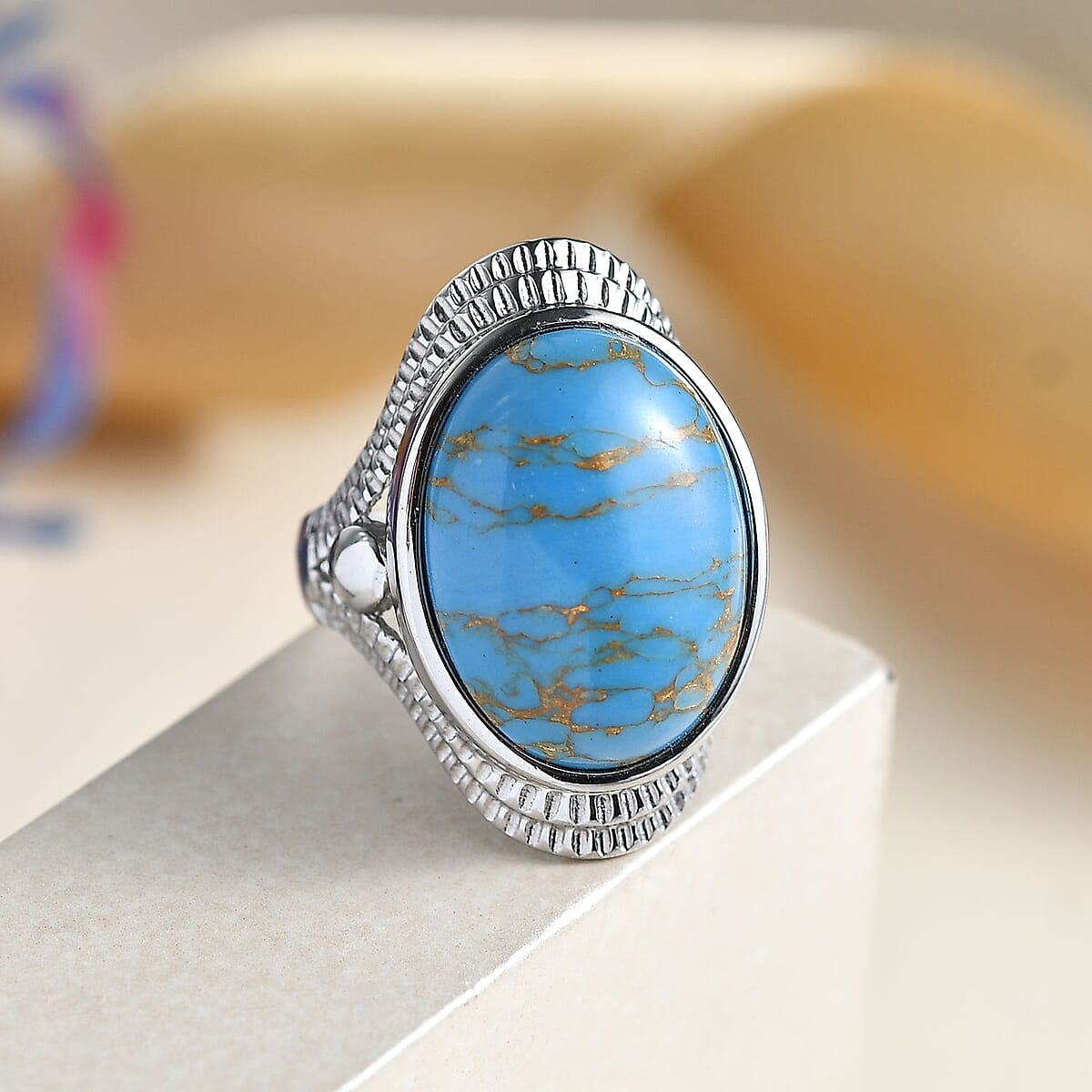 EverTrue African Mojave Blue Turquoise 12.50 ctw Intricate Filigree Ring in Stainless Steel (Size 7.0) image number 1