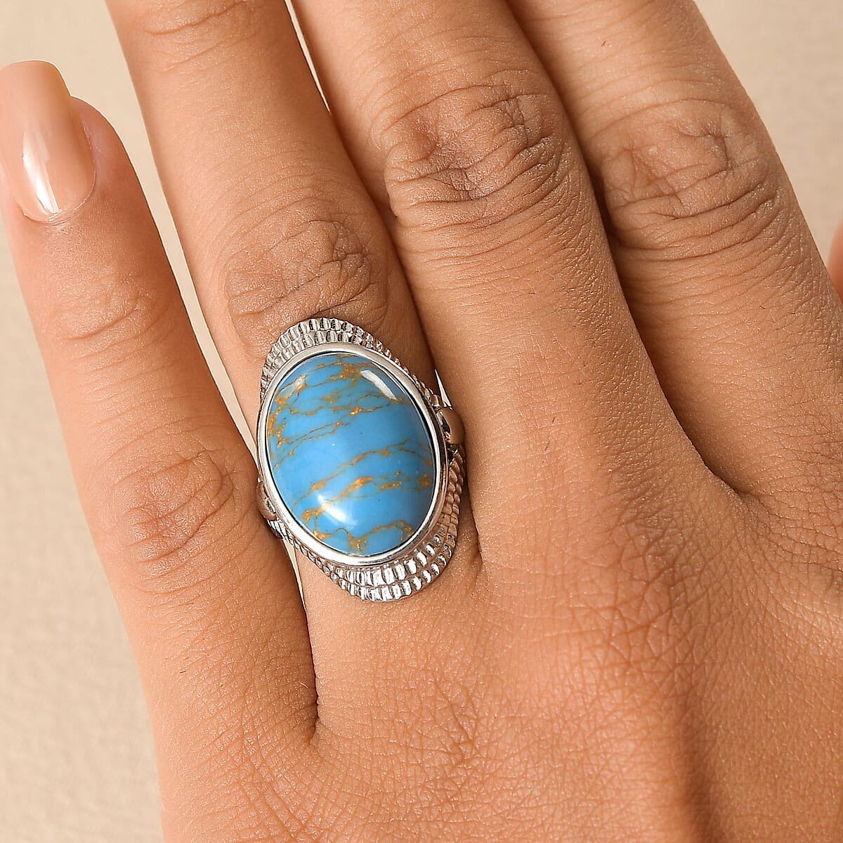 EverTrue African Mojave Blue Turquoise 12.50 ctw Intricate Filigree Ring in Stainless Steel (Size 7.0) image number 2