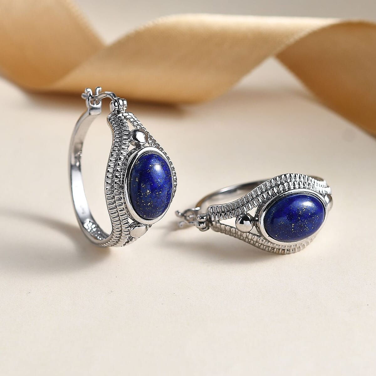 EverTrue Lapis Lazuli 14.65 ctw Intricate Filigree Hoop Earrings in Stainless Steel image number 1