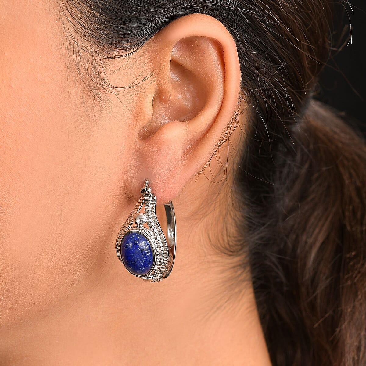 EverTrue Lapis Lazuli 14.65 ctw Intricate Filigree Hoop Earrings in Stainless Steel image number 2