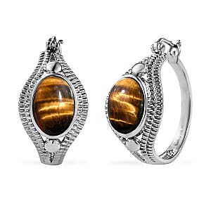 EverTrue Tigers Eye 11.75 ctw Intricate Filigree Hoop Earrings in Stainless Steel