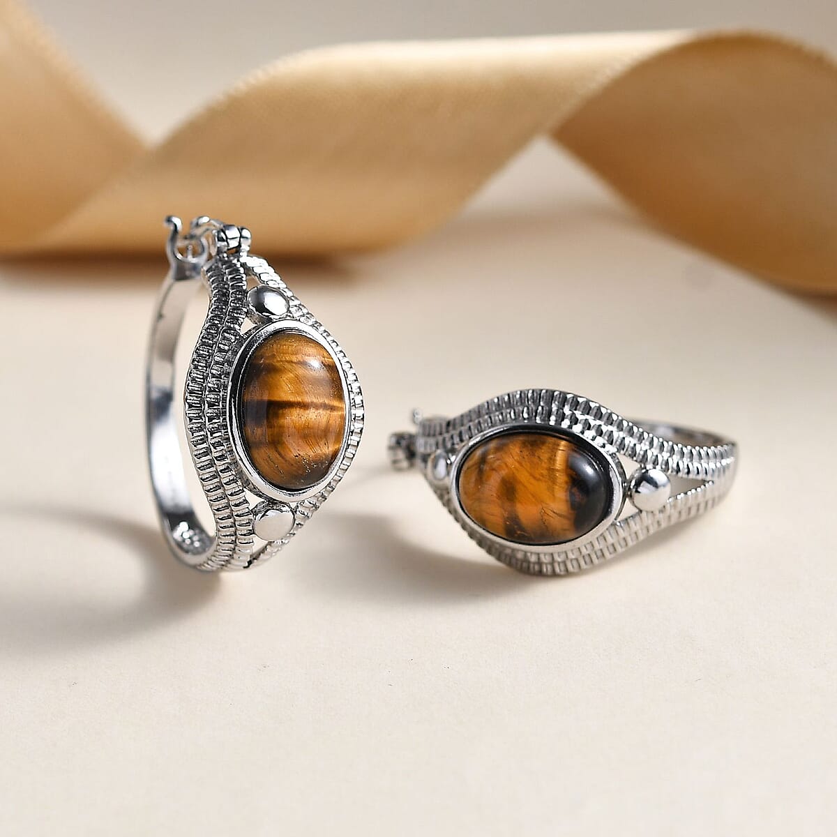 EverTrue Tigers Eye 11.75 ctw Intricate Filigree Hoop Earrings in Stainless Steel image number 1
