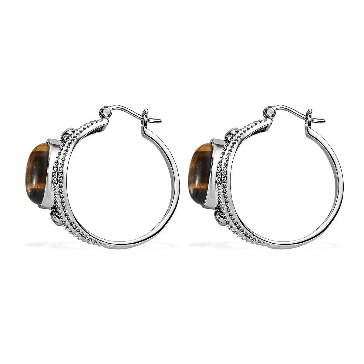 EverTrue Tigers Eye 11.75 ctw Intricate Filigree Hoop Earrings in Stainless Steel image number 3