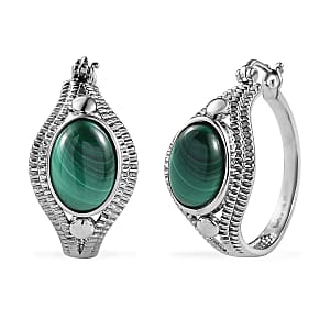 EverTrue African Malachite 17.40 ctw Intricate Filigree Hoop Earrings in Stainless Steel
