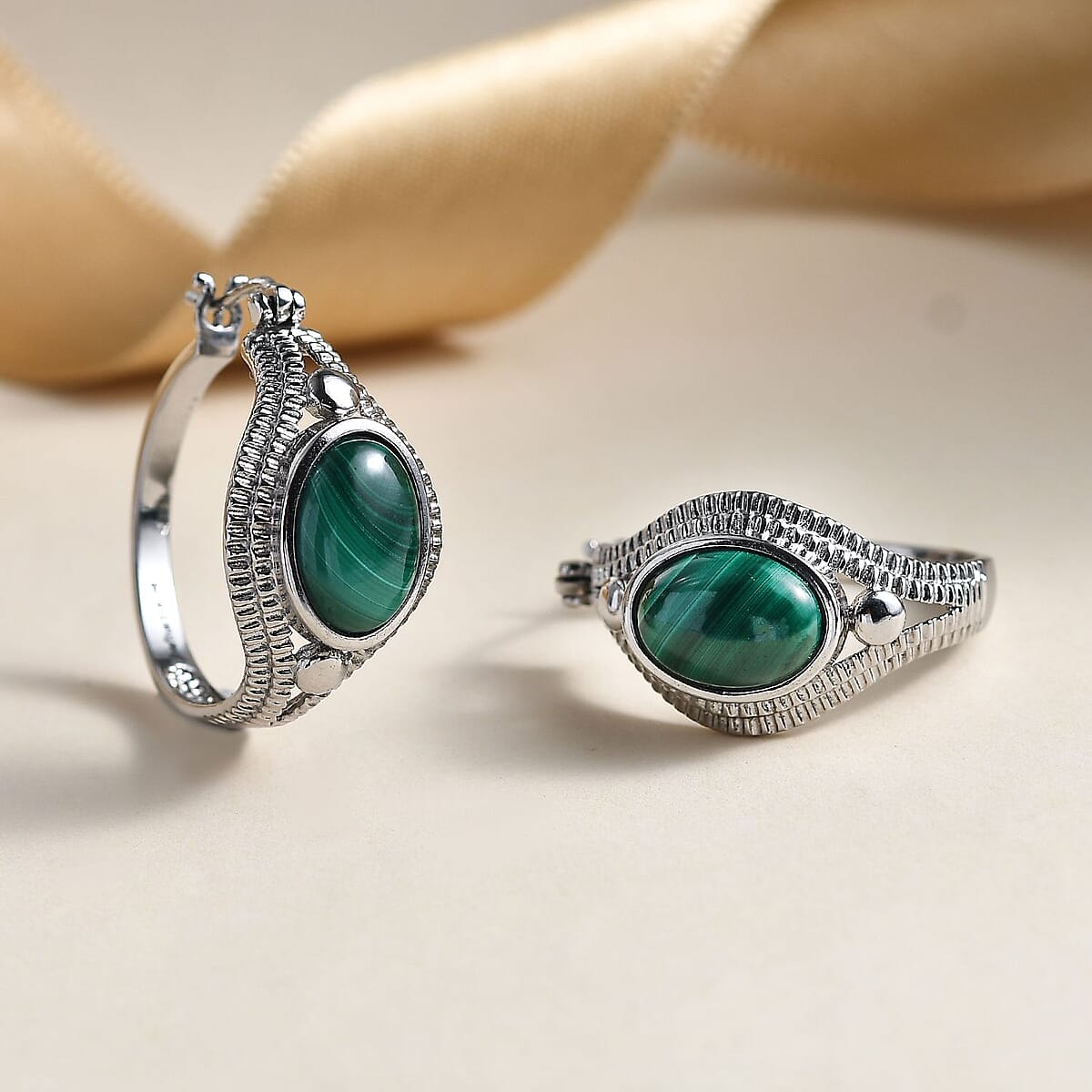 EverTrue African Malachite 17.40 ctw Intricate Filigree Hoop Earrings in Stainless Steel image number 1