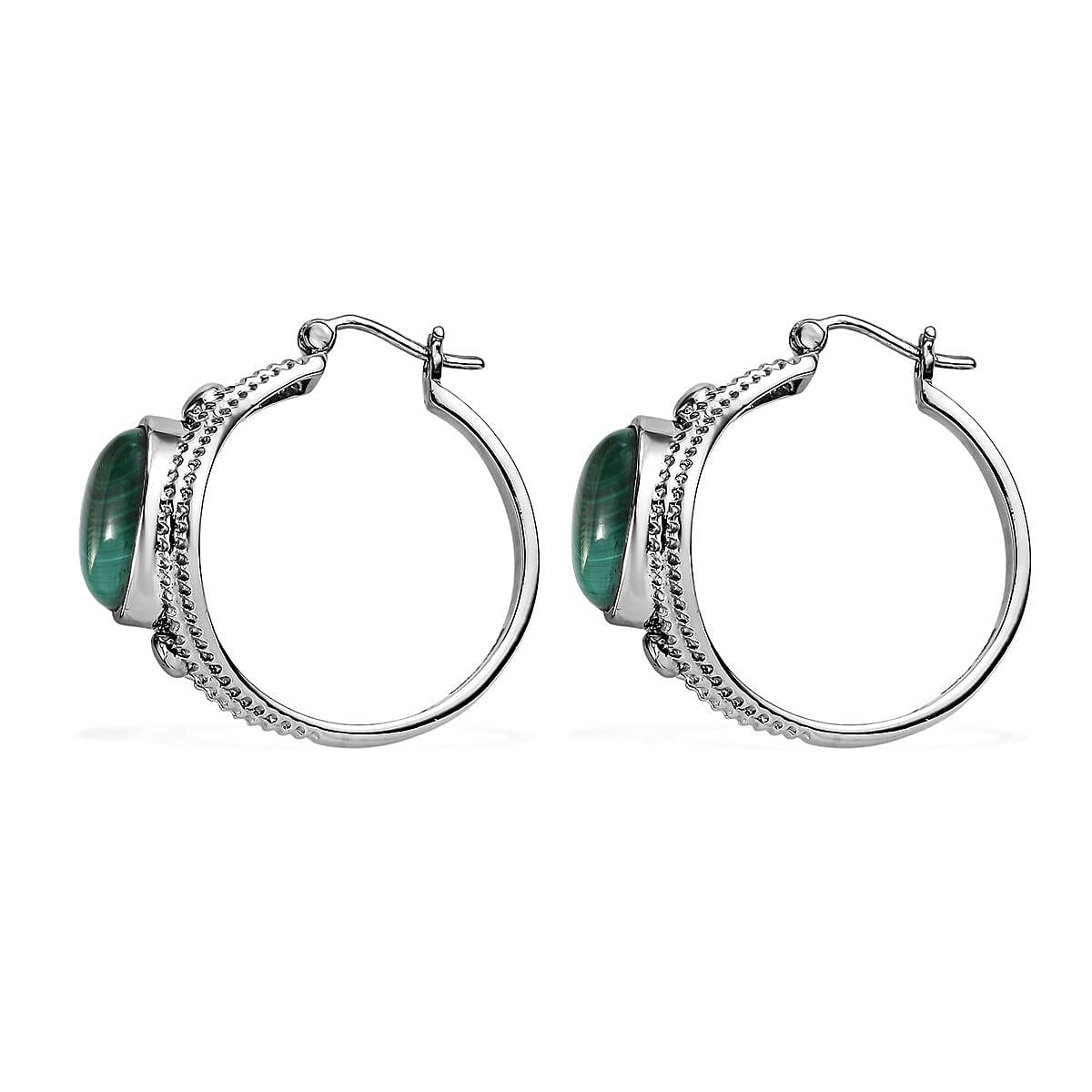 EverTrue African Malachite 17.40 ctw Intricate Filigree Hoop Earrings in Stainless Steel image number 3