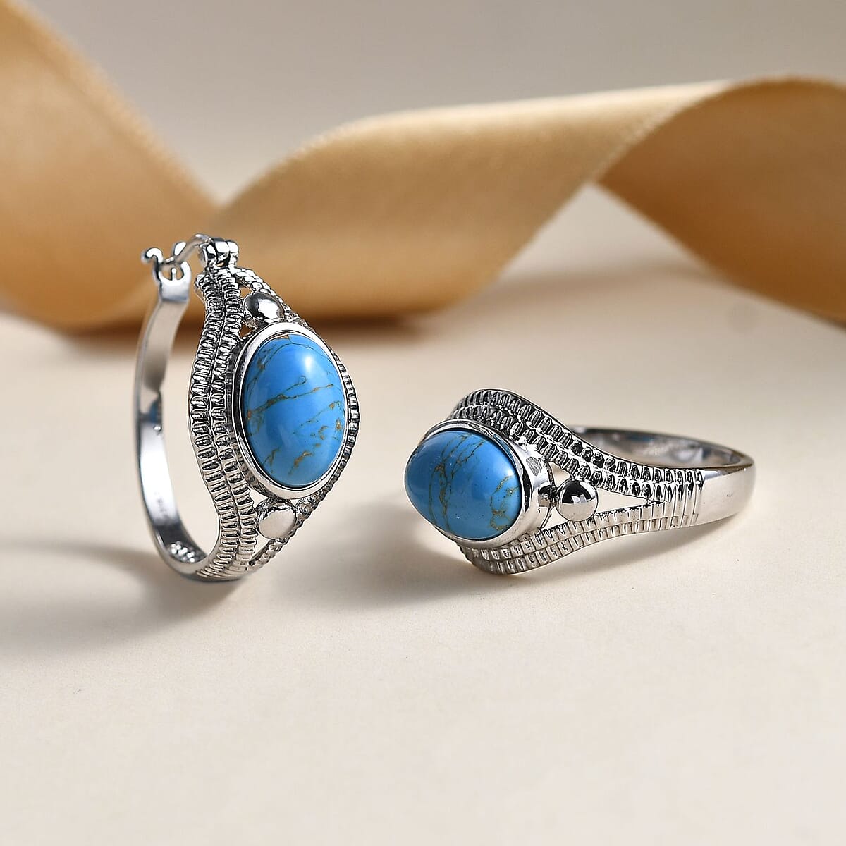EverTrue Mojave Blue Turquoise 8.85 ctw Intricate Filigree Hoop Earrings in Stainless Steel image number 1
