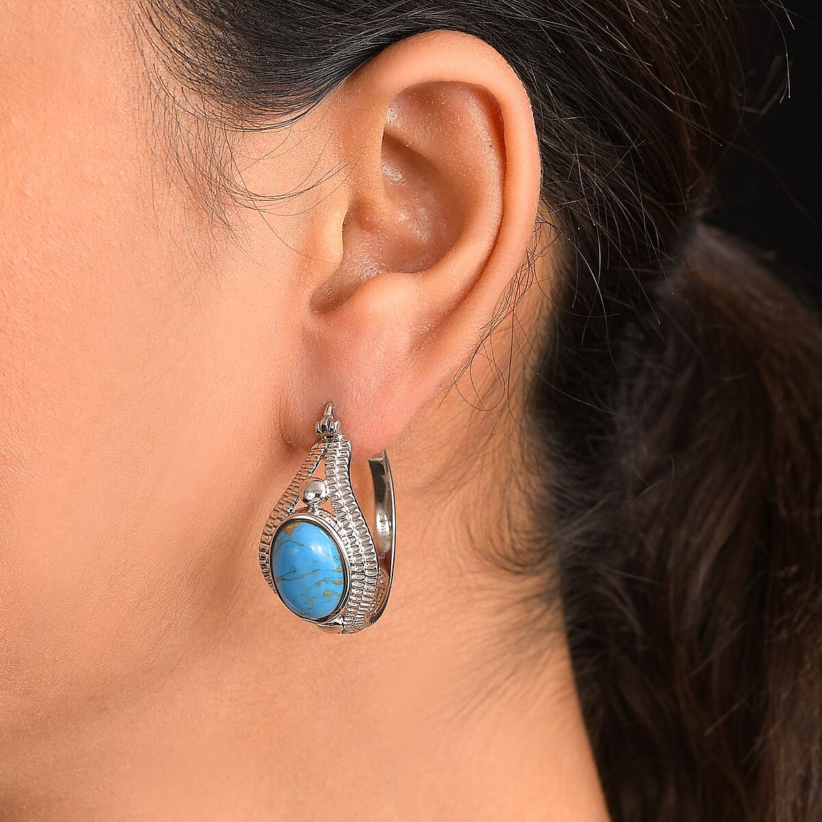 EverTrue Mojave Blue Turquoise 8.85 ctw Intricate Filigree Hoop Earrings in Stainless Steel image number 2