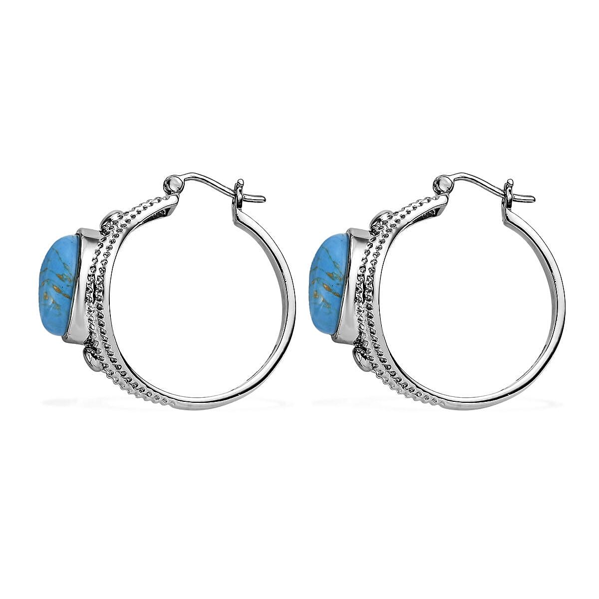 EverTrue Mojave Blue Turquoise 8.85 ctw Intricate Filigree Hoop Earrings in Stainless Steel image number 3