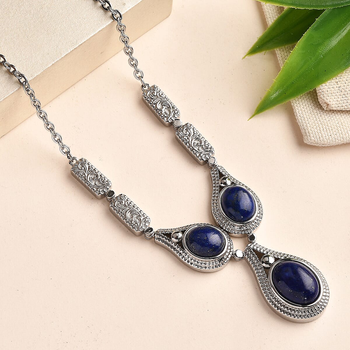 EverTrue Lapis Lazuli 21.10 ctw Intricate Filigree Necklace in Stainless Steel 18 Inches image number 1