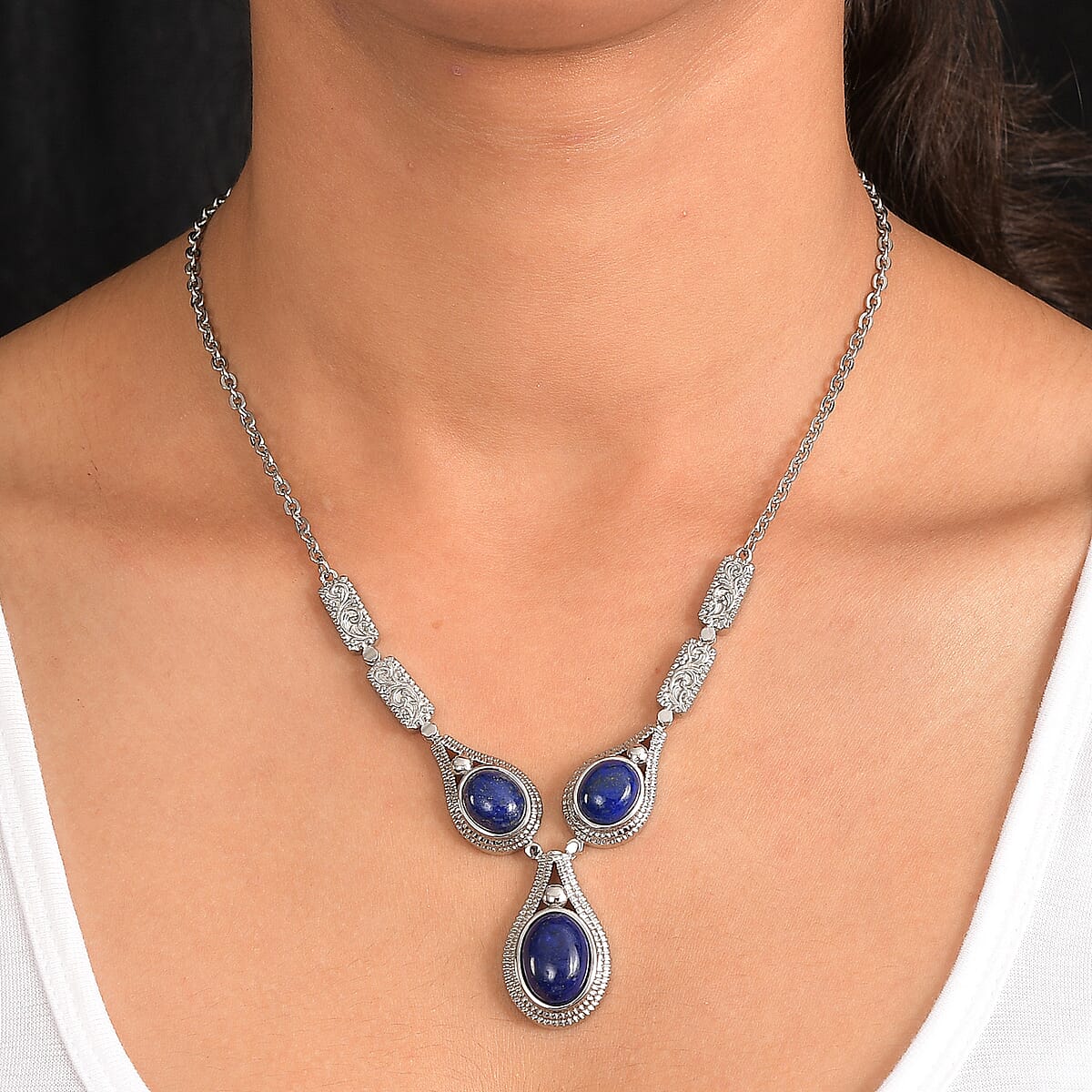 EverTrue Lapis Lazuli 21.10 ctw Intricate Filigree Necklace in Stainless Steel 18 Inches image number 2