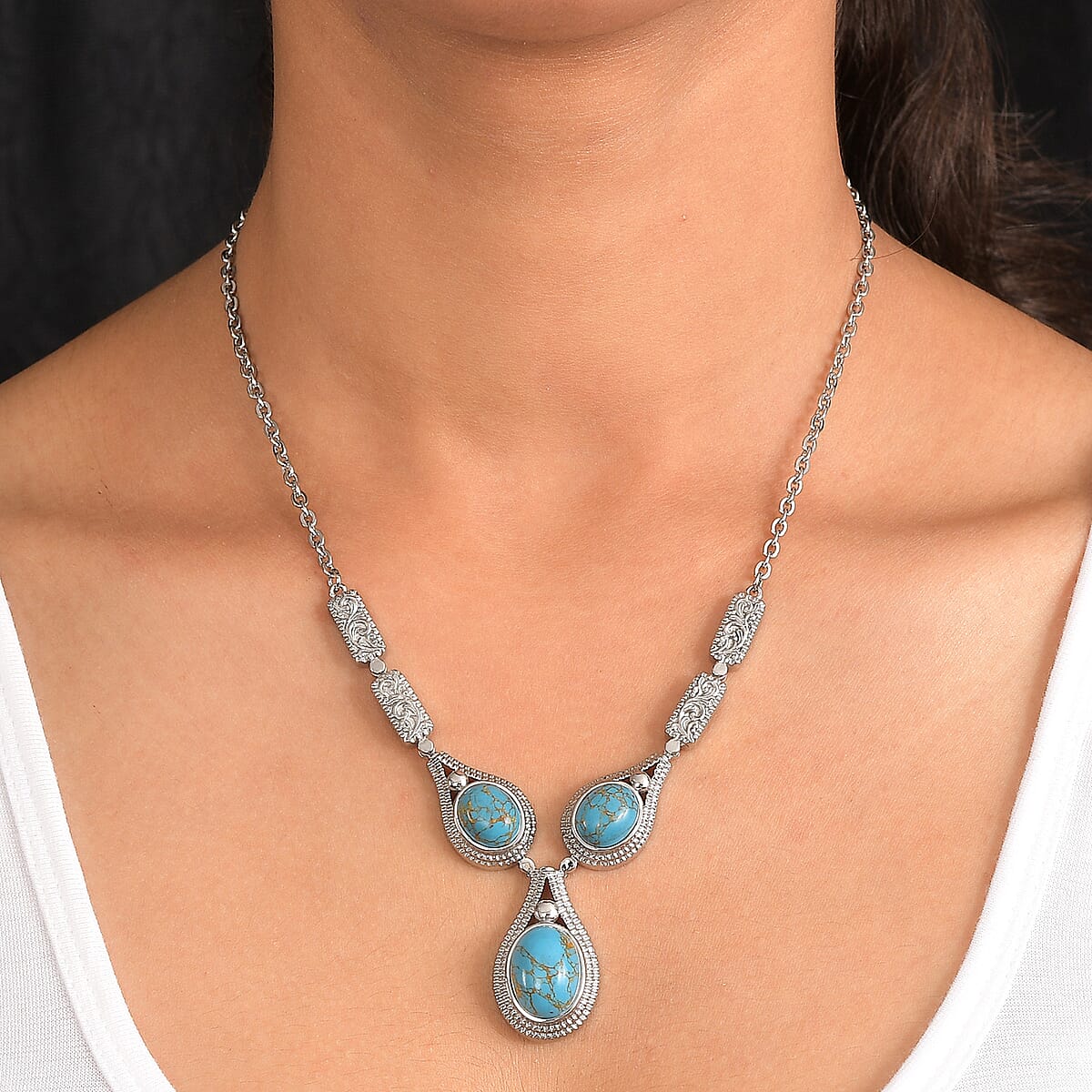 EverTrue Mojave Blue Turquoise 18.00 ctw Intricate Filigree Necklace 18 Inches in Stainless Steel  image number 2