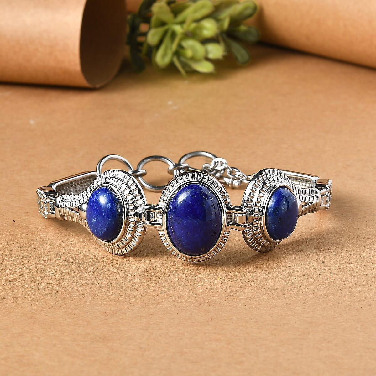 EverTrue Lapis Lazuli 21.15 ctw Intricate Filigree Bracelet in Stainless Steel (6.50-8.0In) image number 1