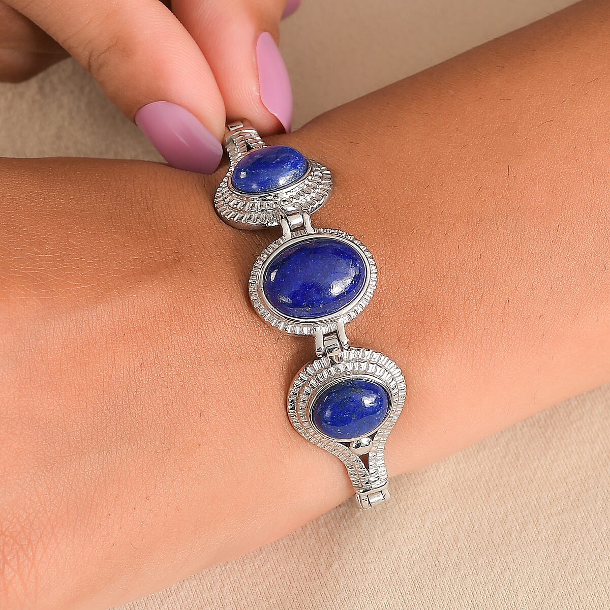 EverTrue Lapis Lazuli 21.15 ctw Intricate Filigree Bracelet in Stainless Steel (6.50-8.0In) image number 2