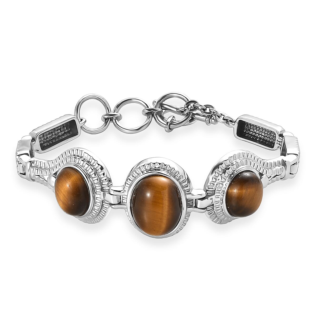 EverTrue Tigers Eye 18.65 ctw Intricate Filigree Bracelet in Stainless Steel (6.50-8.0In) image number 0