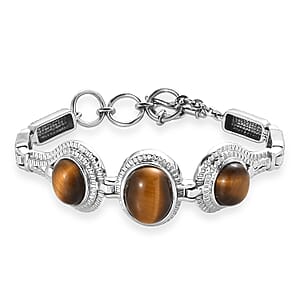 EverTrue Tigers Eye 18.65 ctw Intricate Filigree Bracelet in Stainless Steel (6.50-8.0In)