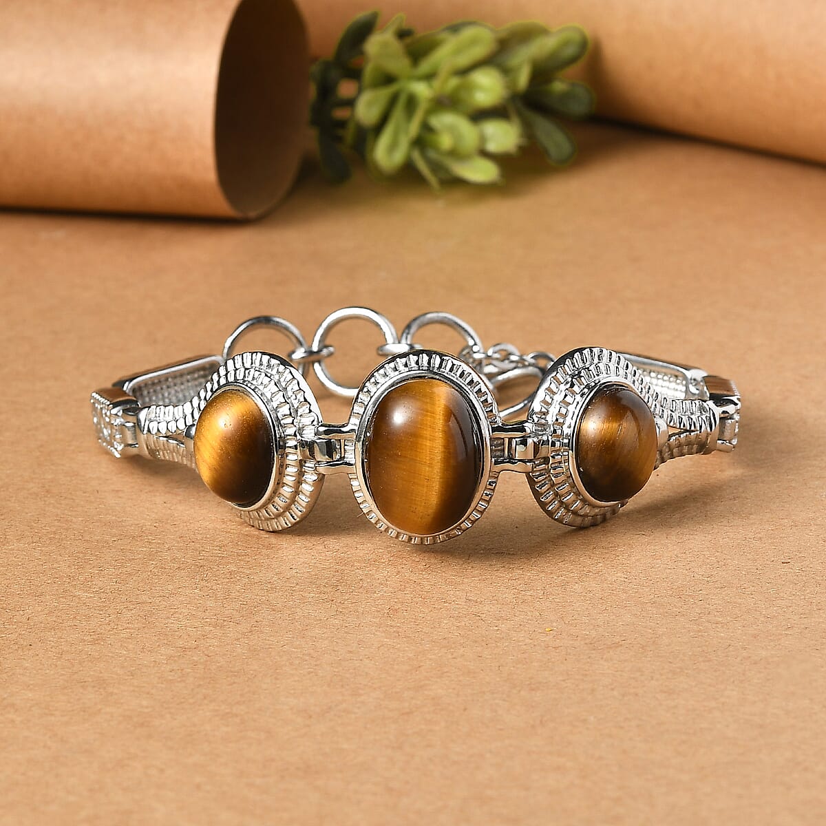 EverTrue Tigers Eye 18.65 ctw Intricate Filigree Bracelet in Stainless Steel (6.50-8.0In) image number 1