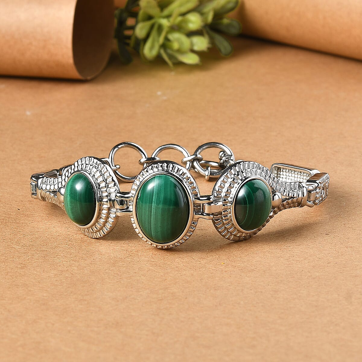 EverTrue African Malachite 26.60 ctw Intricate Filigree Bracelet in Stainless Steel (6.50-8.0In) image number 1
