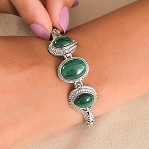 EverTrue African Malachite 26.60 ctw Intricate Filigree Bracelet in Stainless Steel (6.50-8.0In)