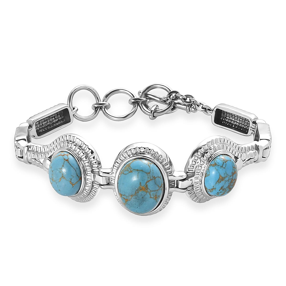 EverTrue Mojave Blue Turquoise 19.40 ctw Intricate Filigree Bracelet in Stainless Steel (6.50-8.0In) image number 0