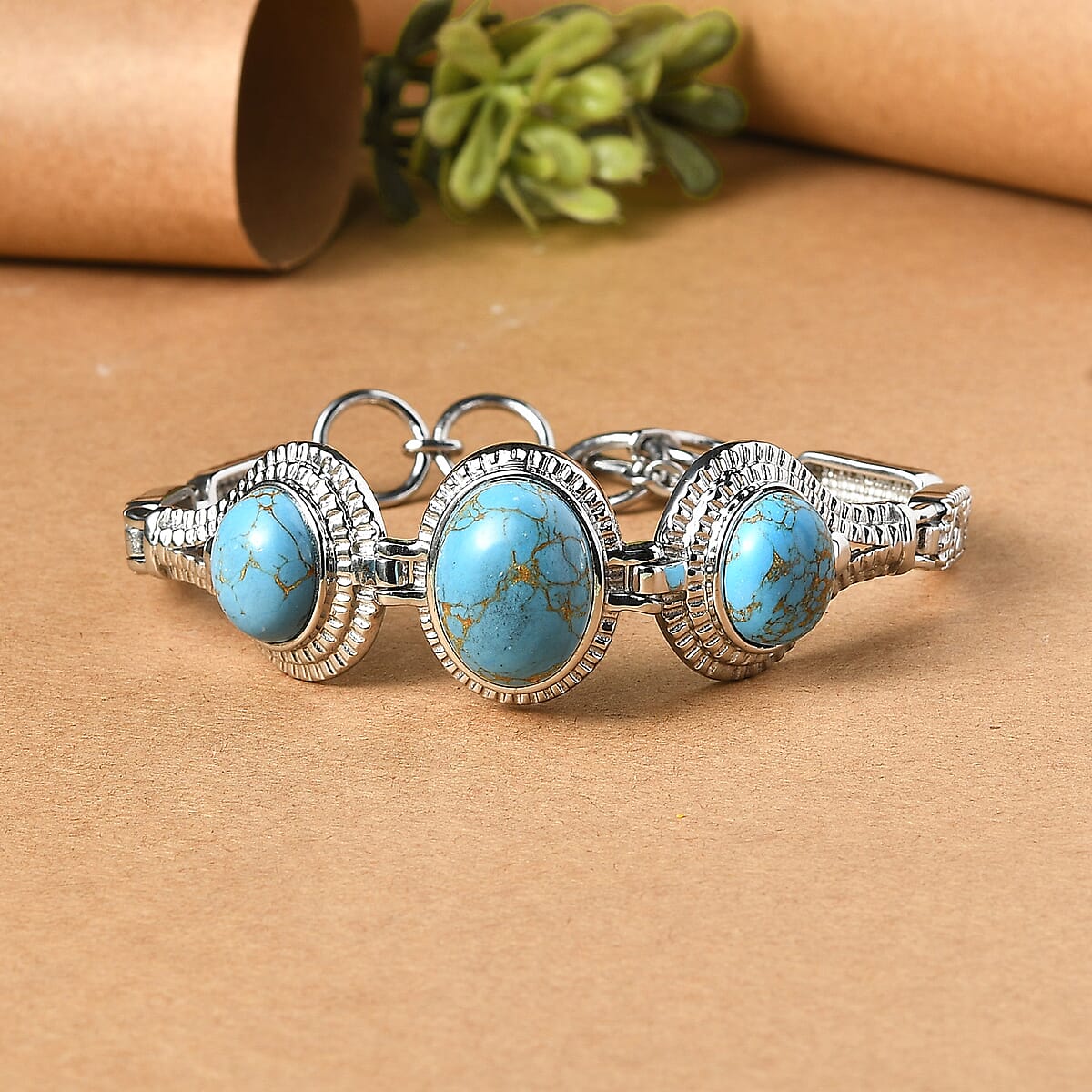 EverTrue Mojave Blue Turquoise 19.40 ctw Intricate Filigree Bracelet in Stainless Steel (6.50-8.0In) image number 1