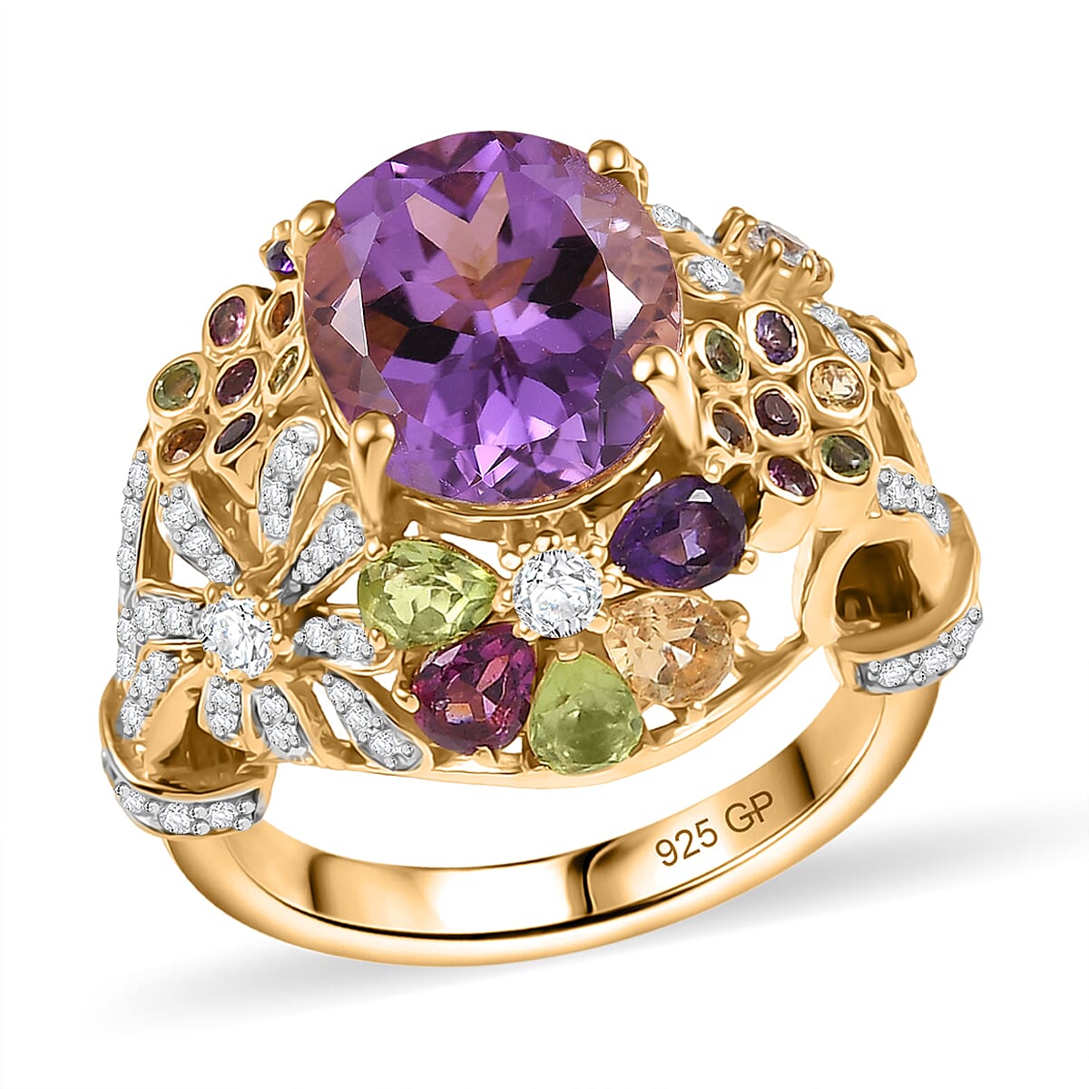 GP Italian Garden Collection AAA Rose De France Amethyst and Multi Gemstone 8.50 ctw Ring in 18K Vermeil Yellow Gold Over Sterling Silver (Size 10.0) image number 0