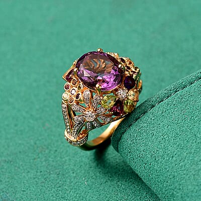 GP Italian Garden Collection AAA Rose De France Amethyst and Multi Gemstone 8.50 ctw Ring in 18K Vermeil Yellow Gold Over Sterling Silver (Size 10.0)