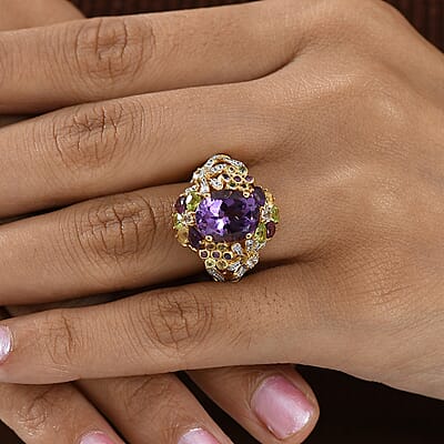 GP Italian Garden Collection AAA Rose De France Amethyst and Multi Gemstone 8.50 ctw Ring in 18K Vermeil Yellow Gold Over Sterling Silver (Size 10.0)